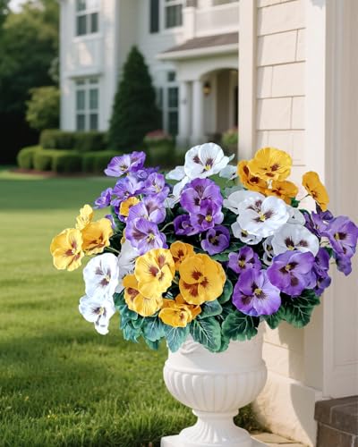 Artificial Pansy Flowers - UV Resistant Silk Faux Bouquets (6 Bundles)