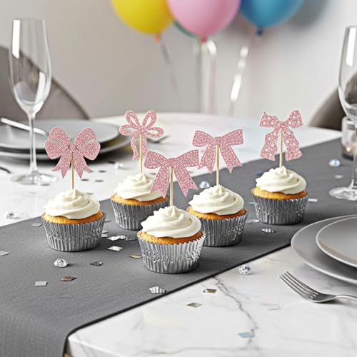 24 PCS Pink Bow Cupcake Toppers - Elegant Coquette Cake Decorations