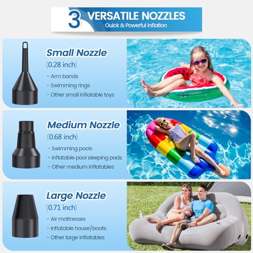 VANNPOOY Electric Air Pump for Inflatables with 3 Nozzles, Quick Inflate
