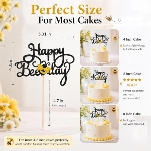 Happy Bee Day Cake Topper - Black Glitter Bumble Bee Decoration