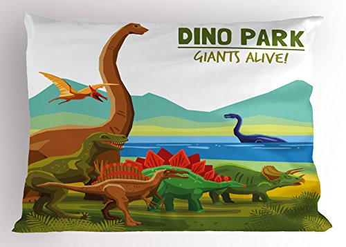 Ambesonne Dinosaur Pillow Sham 26x20-Inch Green Yellow Flying Land & Water Dinosaurs