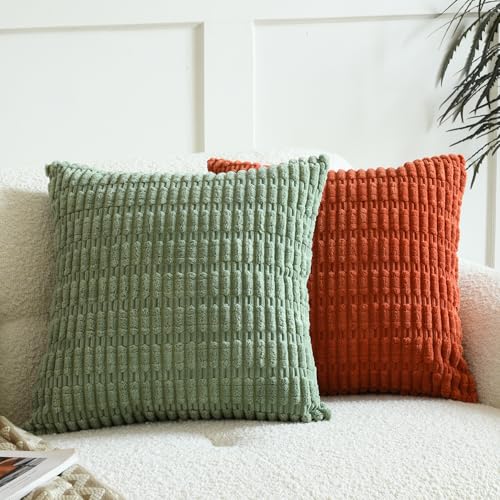 Pack of 2 Corduroy Decorative Throw Pillow Covers - 18x18, Sage Green & Rust