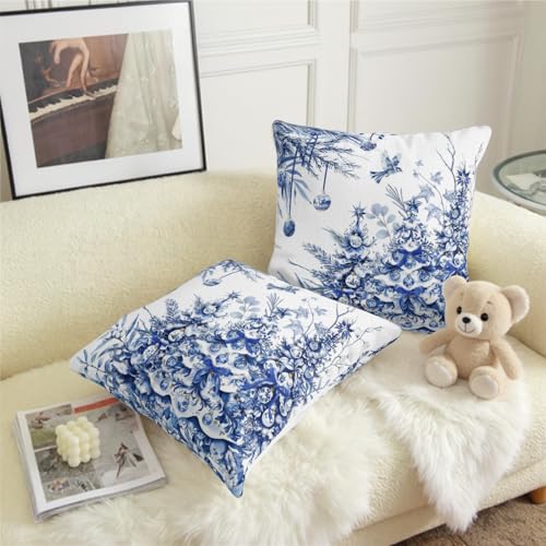 Blue Christmas Tree Pillow Covers Set of 2 18x18 Inches - Winter Holiday Outdoor Throw Pillowcases