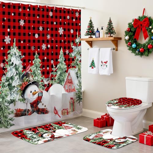 Christmas Shower Curtain Set with Snowman Pine Tree Bath Rugs & Toilet Lid Cover - Red 71" W x 71" L
