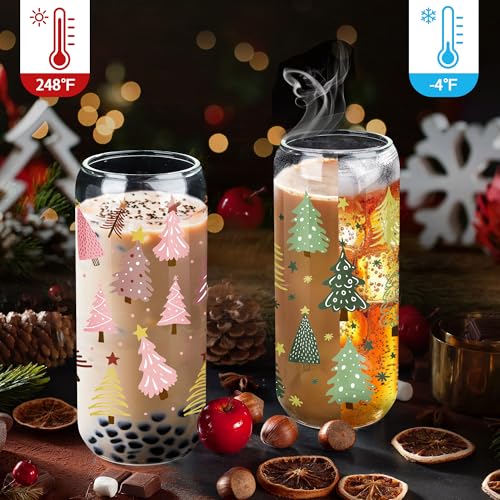 Christmas Glass Tumbler with Lid & Straw - Green Tree Xmas 20oz Style 1