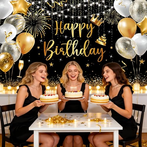 Large Black and Gold Happy Birthday Banner - 71x43 Inch Party Backdrop