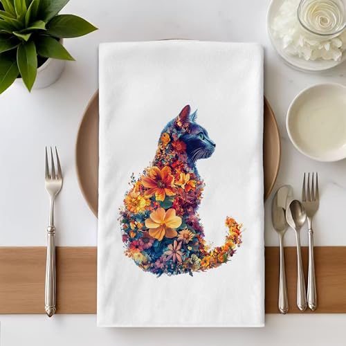 Cat Floral Kitchen Towels - 16x24 Inch Decorative Hand Towels