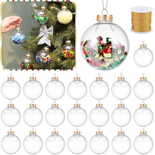 50 Pcs 3.15 Inch Clear Refillable Christmas Plastic Ornaments Rainbow Ball with Lid & Rope