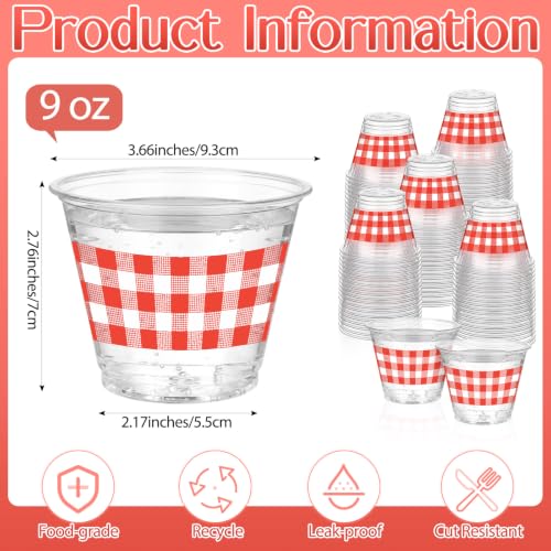 Red Gingham Plastic Cups Bulk 9 oz for Party Decorations - 100 Pack