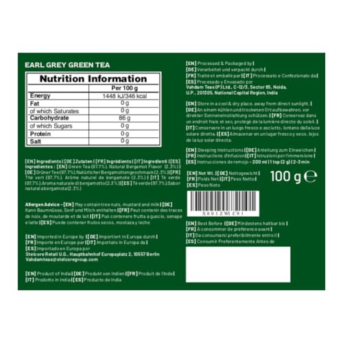 VAHDAM Earl Grey Citrus Green Tea, Loose Leaf, 3.53 oz, 50+ Cups