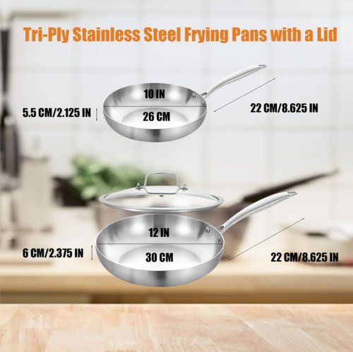 Inqibee 10-12 Inch Tri-Ply Stainless Steel Frying Pans with a Lid,Small Sauté Pan Set,Skillets,Induction Cooking Pans,Pots and Pans Set,Dishwasher and Oven Safe.