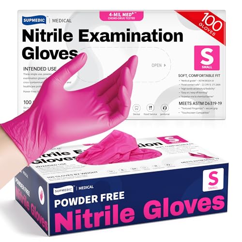 Supmedic Nitrile Exam Gloves, 4 Mil Powder-Free, Small Rose Orchid, 100Ct