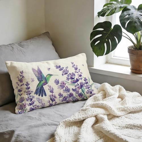 Fahrendom Purple Hummingbird Floral Lumbar Pillow 20" x 12"