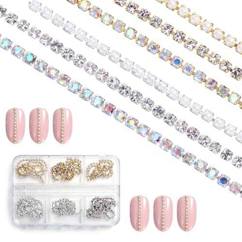 Macuezu Rhinestone Nail Chains Metal Pearl Charms for Manicure Art 6 Pcs