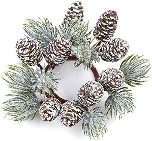 Artificial Pine & Pinecone Candle Rings - Set of 6 Faux Snowy Pine Decor for Holiday Tables
