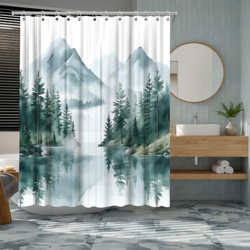 Green Misty Forest Mountain Shower Curtain - Watercolor Nature Design