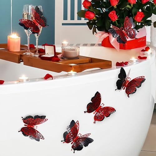 3D Red Butterfly Wall Stickers - 6pcs Removable Rose Butterfly Decals