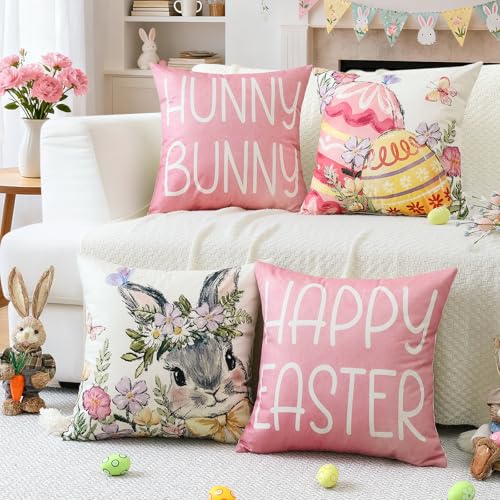 Artscope Easter Rabbit Throw Pillow Covers 18x18 Inch - Set of 4