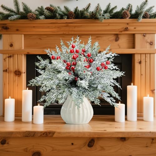 Snowy Christmas Pine Branches & Red Berry Stems - 60 Pcs Artificial Holiday Foliage - Watayo Snow Style