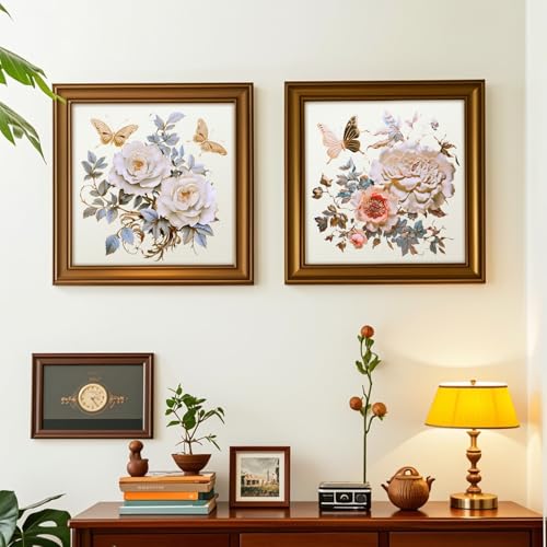 DRWSSR Gold Peony Butterfly Toilet Seat Lid Stickers - Removable Bathroom Decals (Set of 3)