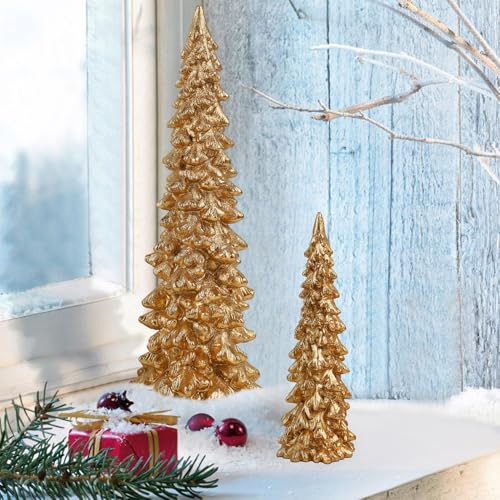 Golden Resin Christmas Tree Tabletop Decorations Set of 2 - 9.5 Inches
