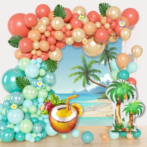 Amandir 165Pcs Tropical Balloon Arch Kit with Palm Leaves - Aqua Blue