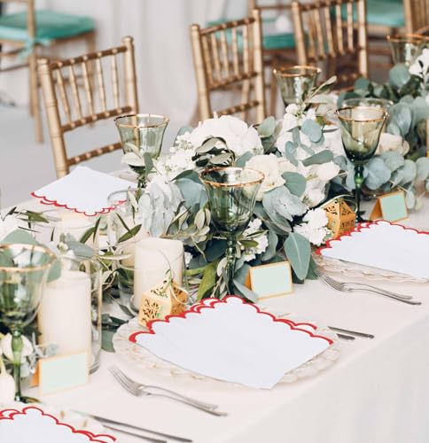 50 Red Scalloped Cocktail Napkins - 3-Ply Disposable 5x5 Inches