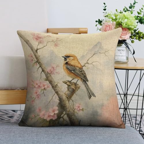mydtiz Bird on Branch Throw Pillow Cover 18x18 Linen Cushion Case