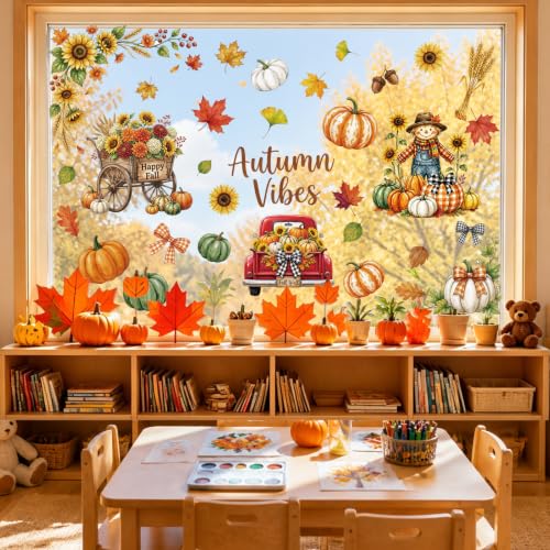 Autumn Window Clings Decor - 9 Sheets Pumpkin & Leaf Stickers