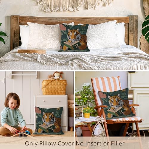 Whimsical Tiger Reading Throw Pillow Cover - 18x18 Inch, Funky Design for Sofa & Office