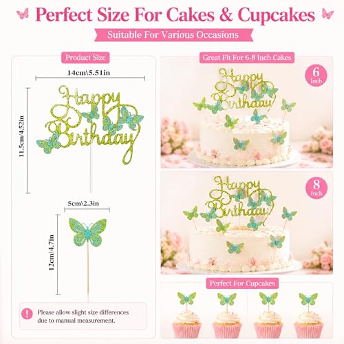 Happy Birthday Cake Toppers Set - 13 Pcs Butterfly & Glitter