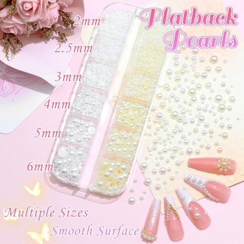 BELICEY 3D Gold Silver Bow Nail Charms & Flatback Pearls Set