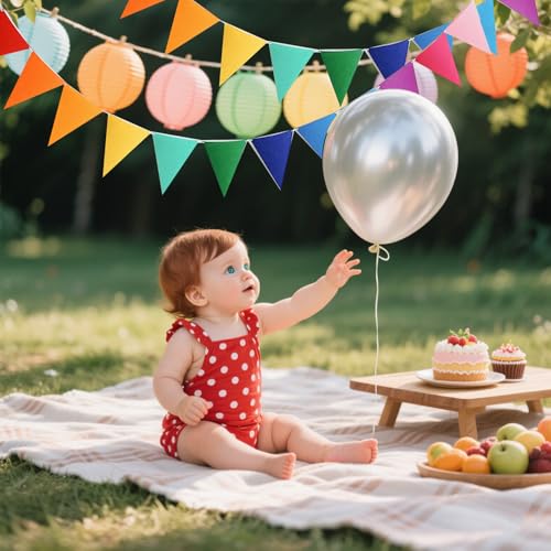 48-Piece Rainbow Pennant Banner Kit with Ribbons - Vibrant Party Decor