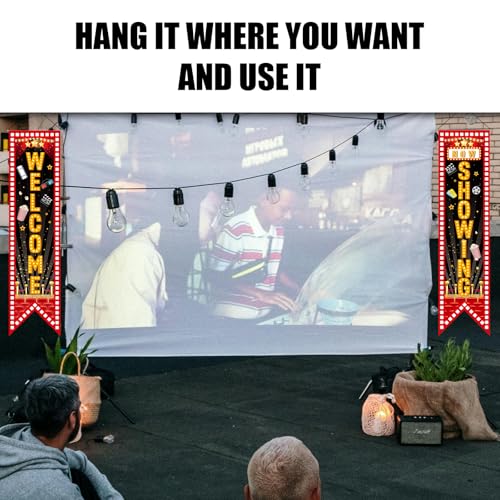 Movie Night Porch Banners - 2 pcs Welcome & Now Showing Signs, 47.2x11.8 Inch