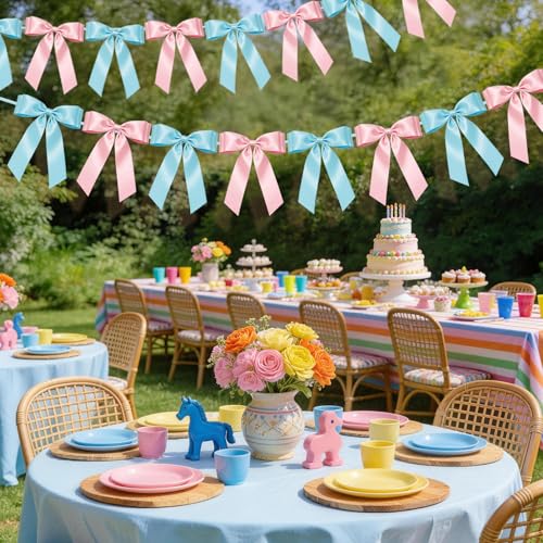 Pink & Blue Bow Garland Banner - 8 Pre-Strung Satin Bows