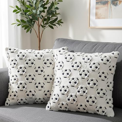 Soccer Throw Pillow Covers 18x18 Set of 2 - Plush Embroidered Sport Decor