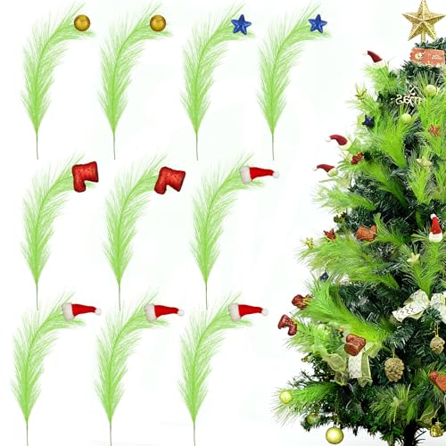 Santa-Mix Christmas Tree Topper Decorations - 10 Pcs Lime Green Pampas with Santa Hats