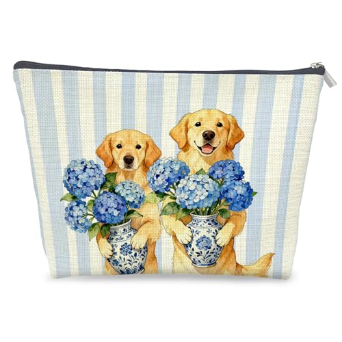 Golden Retriever Makeup Bag Blue Chinoiserie Floral Cosmetic Pouch