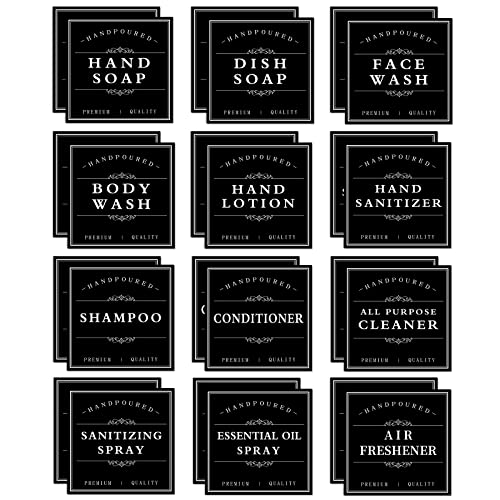 TESWEY Black Waterproof Soap Labels for Bottles - 24 Pack for Bathroom & Kitchen