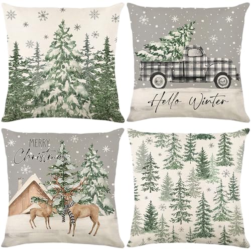 MEHOFOND Green Winter Christmas Pillow Covers Set of 4 - 18x18