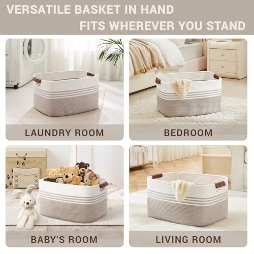 SunNewt 72L Large Laundry Basket with Leather Handles for Living Room Storage, Woven Rope Baskets Bin for Blanket, Kids Toy, Gifts, Wicker Hamper for Bedroom Dirty Clothes, 22"x17"x12" White Brown