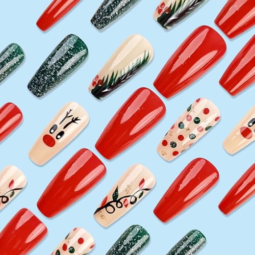Christmas Press on Nails Medium Square Fake Nails Red Glitter Xmas Acrylic
