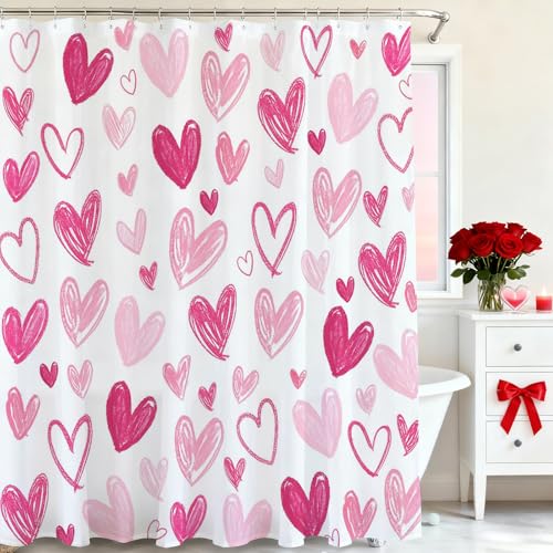 Mocsicka Pink Heart Shower Curtain - 71x71 Inch Romantic Valentine Decor