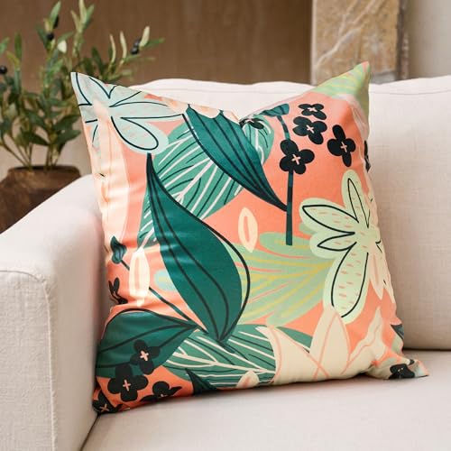 Tyrot Boho Floral Velvet Throw Pillow Covers, 18x18 Coral (Set of 2)