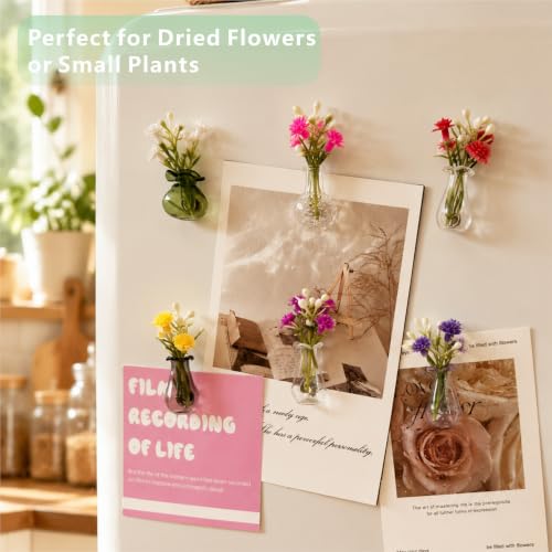 Mini Glass Vase Magnets Set - 6 Pcs Cute Magnetic Vases with Flowers