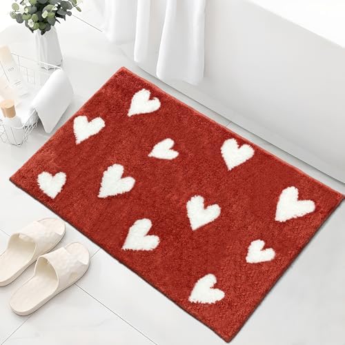 APROPHIC Valentine's Day Heart Bath Mat for Bathroom Decor, Valentines Bathroom Decorations Red and White Rugs Non Slip Absorbent, Soft Funny Bath Rug, Washable, 17x24in