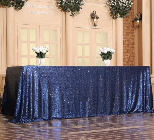 Navy Blue Sequin Rectangle Tablecloth 90x132 Inches for Party Wedding Celebration