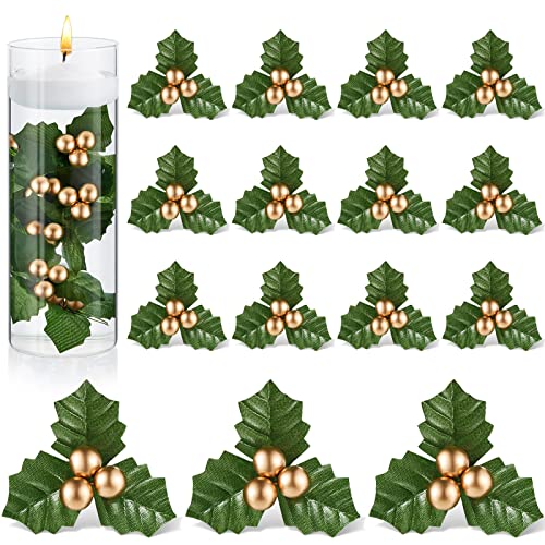 50 Pcs Gold Christmas Holly Berries with Leaves for Crafts Holiday Decor
