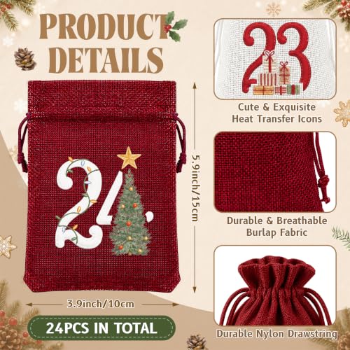 Christmas Advent Calendar Bags - Red & White, 24 Count Holiday Countdown Decor