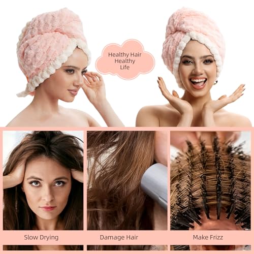 Extra Large Hair Drying Towel with Elastic Strap - Soft Coral Fleece, 19.7x31.5 inch, Pink